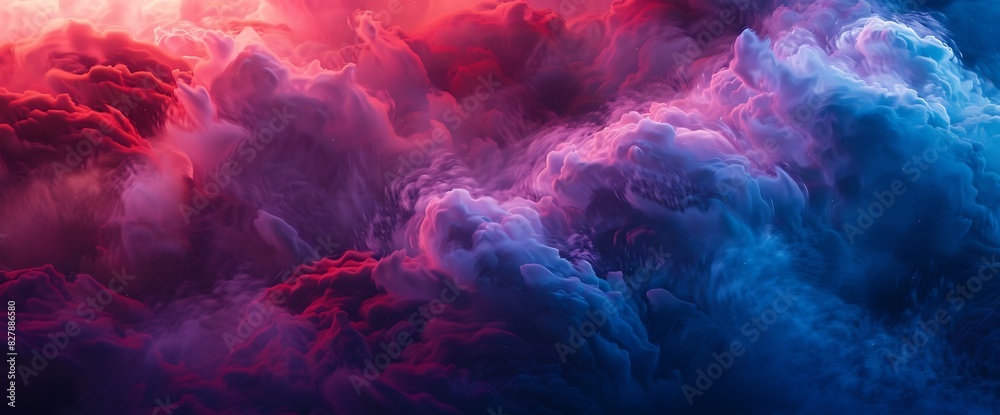 A dramatic clash of swirling red and purple fog against a backdrop of vivid blue, creating a surreal and captivating tableau.