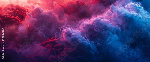 A dramatic clash of swirling red and purple fog against a backdrop of vivid blue, creating a surreal and captivating tableau.