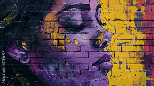 graffiti background on a brick wall black yellow purple pink girl