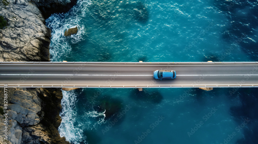 Aerial drone top view of blue car driving on bridge asphalt road above ...