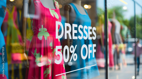 Dresses 50% off sale promotion sign on glass window door of retail women clothing store exterior view storefront. Special discount price offer, summer promo advertising marketing