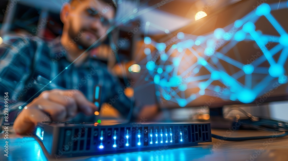 Selective focus on an internet router on a working table, with a blurred man connecting a cable in the background. Fast, high-speed internet connection from a fiber line with futuristic icons. Selective focus on an internet router on a working table, with a blurred man connecting a cable in the background. Fast, high-speed internet connection from a fiber line with futuristic icons.
