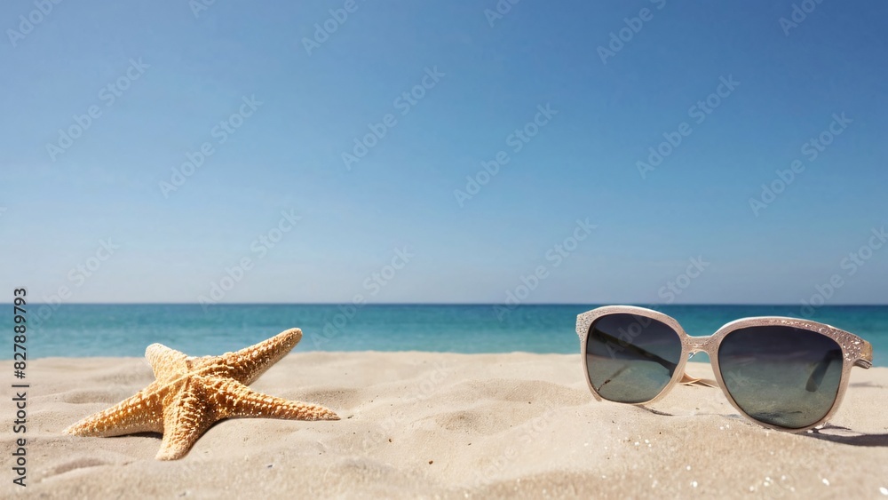 Starfish and sunglasses on beach shore representing summer Starfish and sunglasses on beach shore representing summer