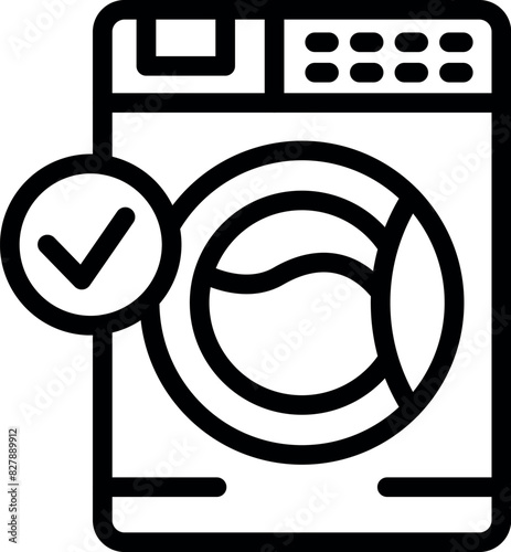 A black and white line art illustration of a washing machine with a checkmark symbol