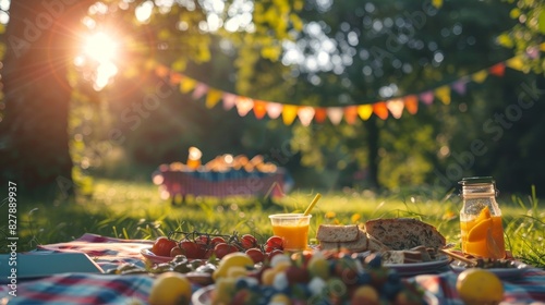 Sunlit picnic gathering with colorful flags and tempting spread of delectable food photo