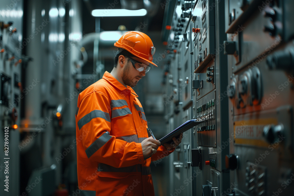 Focused Industrial Engineer Conducting Equipment Checks in a Modern Power Plant Control Room, Wearing Safety Gear and Analyzing Readings on a Clipboard Focused Industrial Engineer Conducting Equipment Checks in a Modern Power Plant Control Room, Wearing Safety Gear and Analyzing Readings on a Clipboard