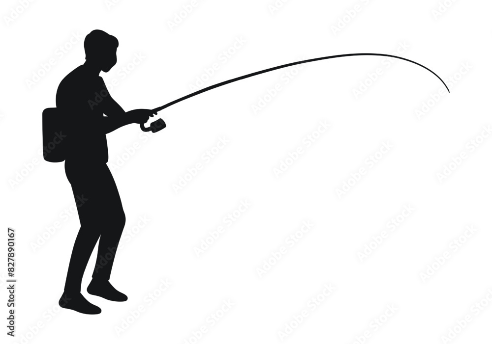 Fisherman holding a curved fishing rod, silhouette figure Fisherman holding a curved fishing rod, silhouette figure