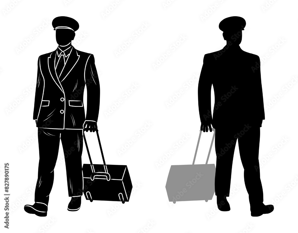 Black silhouette of the pilot crew. Profession, work, hobby Black silhouette of the pilot crew. Profession, work, hobby