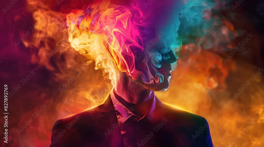 Surreal business portrait with a blazing head in vivid colors Surreal business portrait with a blazing head in vivid colors