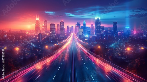 Vector illustration of an empty road in a modern metropolis at night. Trails on the asphalt highway in a glowing city, with urban skyscrapers in neon colors. Cityscape concept.