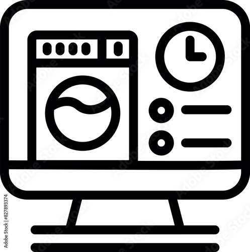 Black and white icon of a stylish washing machine displayed on a computer monitor, symbolizing online appliance shopping