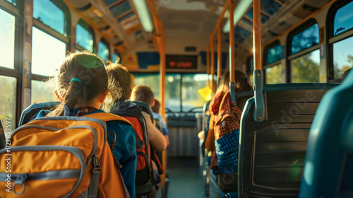 Children with backpacks sitting in bus interior, group of kindergarten students transportation and travel to elementary or primary school. Pupils, first grade