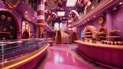 Pink chocolate factory interior. Sweet dessert candy food production or manufacturing machines, conveyor industry equipment infrastructure, delicious sugar cookie product  photo