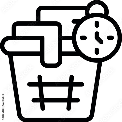 Black and white line art of a laundry basket with clothes and a stopwatch