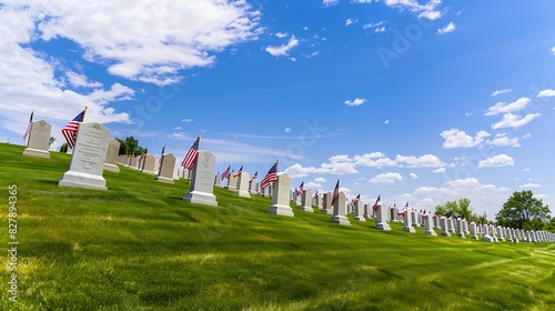 Endless row of white marble gravestones continues above hilltop at the Fort Logan National Cemetery in Denver Colorado American flags decorating each grave to mark the Memorial Day : Generative AI