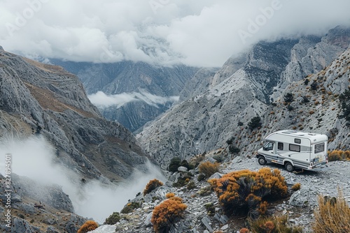 Parked big modern camper motorhome. Family vacation travel RV