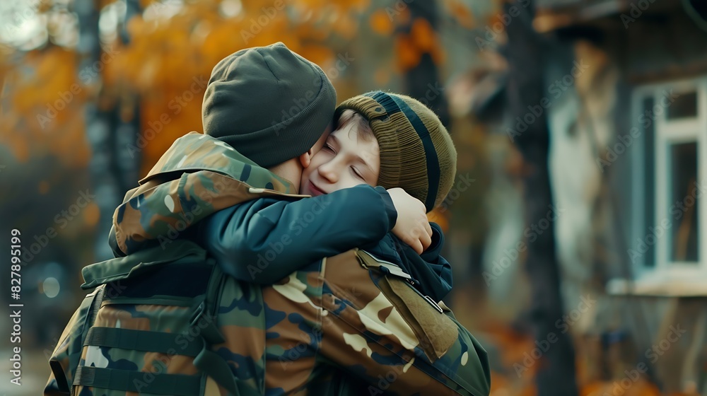 Happy reunion of soldier with family son hug father : Generative AI Happy reunion of soldier with family son hug father : Generative AI