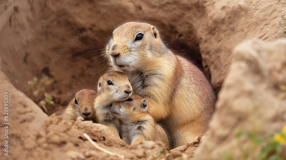 Furry cynomys squirrel prairie dog mother with little baby animals in the hole in the ground. Small brown wildlife rodent family with young children outdoors Furry cynomys squirrel prairie dog mother with little baby animals in the hole in the ground. Small brown wildlife rodent family with young children outdoors