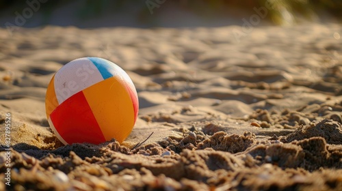 An electric blue beach ball rests on the sandy shore, adding a pop of color to the natural landscape surrounded by grass and soil. A fun fashion accessory for beach recreation AIG50