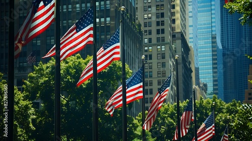 USA American flag Memorial Day Veterans Day July 4th American Flag Waving near New York City Manhattan view 4th of July with American flags Independence Day American flags waving again : Generative AI