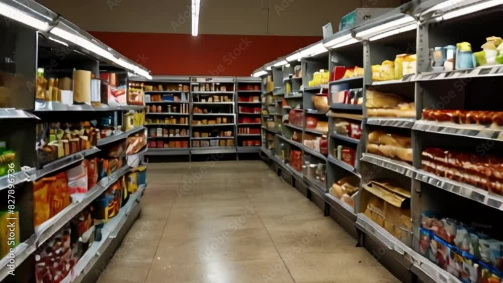 Well-Stocked Grocery Store Aisle with Canned Goods and Snacks