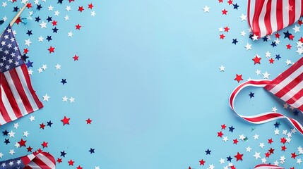 Happy Presidents Day banner with grosgrain ribbon American flags and confetti stars on blue background USA Independence Day American Labor day Memorial Day US election concept : Generative AI