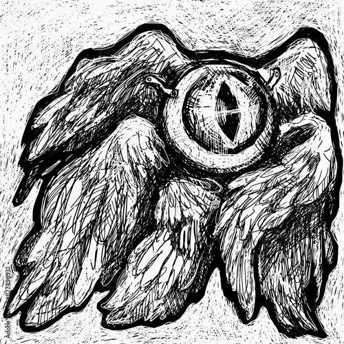 Original illustration created by human. Can be used as background or cover, clothes design, or other. Gothic art, magical sketch. Biblically accurate angel, eye with wings.