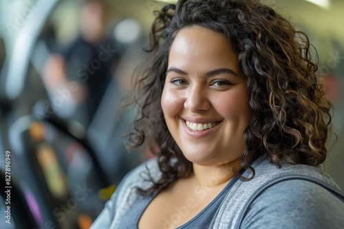 happy smiling overweight woman at gym portrait with copy space, weight training and fitness journey positive and supportive atmosphere,