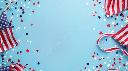Happy Presidents Day banner with grosgrain ribbon American flags and confetti stars on blue background USA Independence Day American Labor day Memorial Day US election concept : Generative AI photo