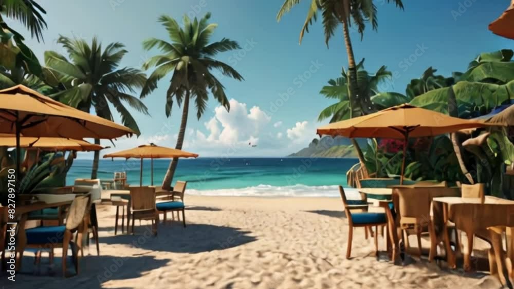 Beachfront Restaurant with Palm Trees, Umbrellas, and Tables on the Sand Beachfront Restaurant with Palm Trees, Umbrellas, and Tables on the Sand