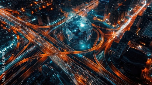Aerial view of Earth globe surrounded by multiple highways, traffic lights glowing at night in city centers Concept for global business technology and digital connectivity