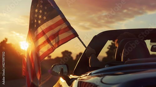 Man in the car holding american USA flag in the sunset Independence Day or traveling in America concept : Generative AI