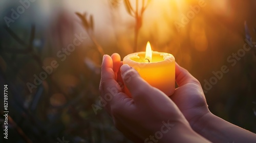 Bright Burning Candle in the Human Hands Remembrance and Memorial Day Background : Generative AI photo