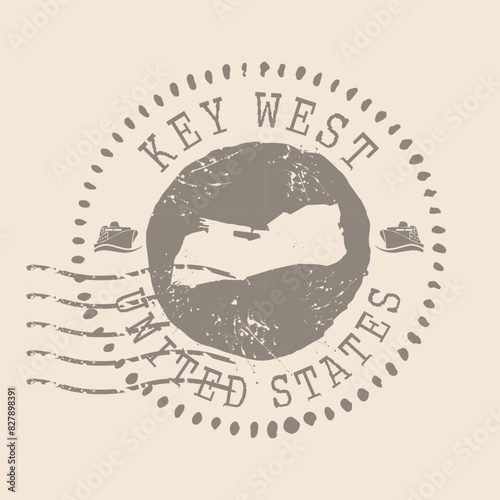 Stamp Postal of Key West Island. Map Silhouette rubber Seal.  Design Retro Travel. Seal  Map of Key West grunge  for your design. United States.  EPS10