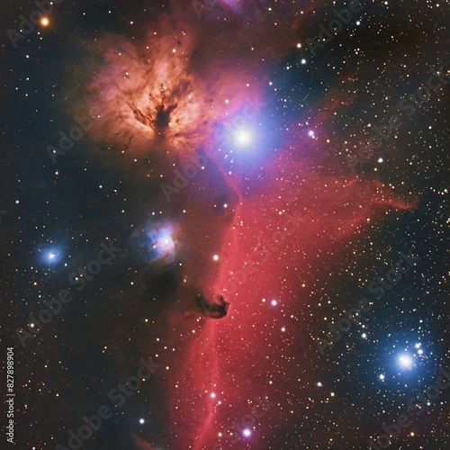 Astrophotography of the pink and orange Maple Leaf and Horsehead Nebulas in the night sky