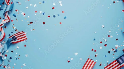 Happy Presidents Day banner with grosgrain ribbon American flags and confetti stars on blue background USA Independence Day American Labor day Memorial Day US election concept : Generative AI photo