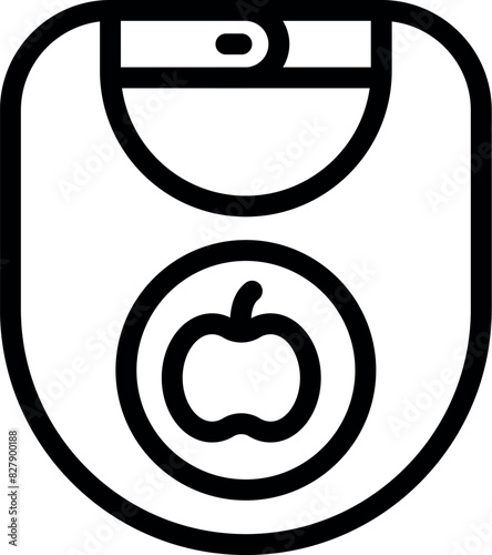 Simple black and white line icon of a baby bib with an apple design