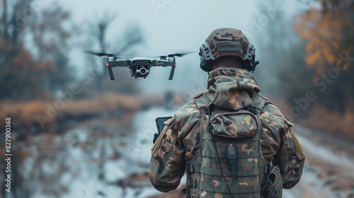 A soldier in camouflage flying a drone