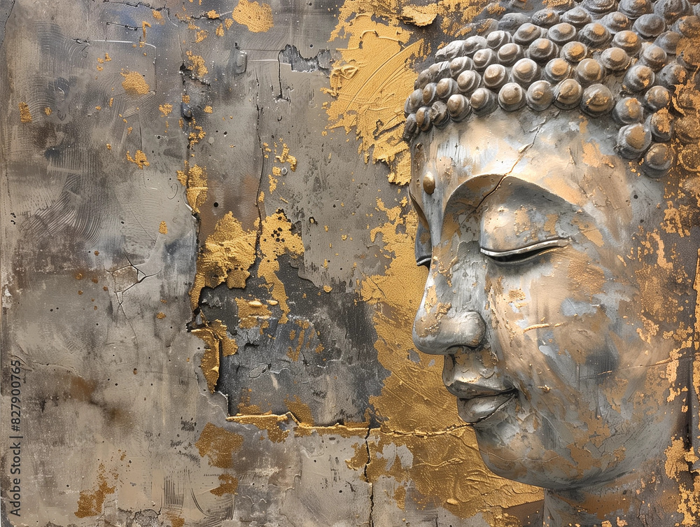 Buddha on a light background, in muted earth and gold colors, in the style of acrylic painting. Vesak. Nirvana. Enlightenment.