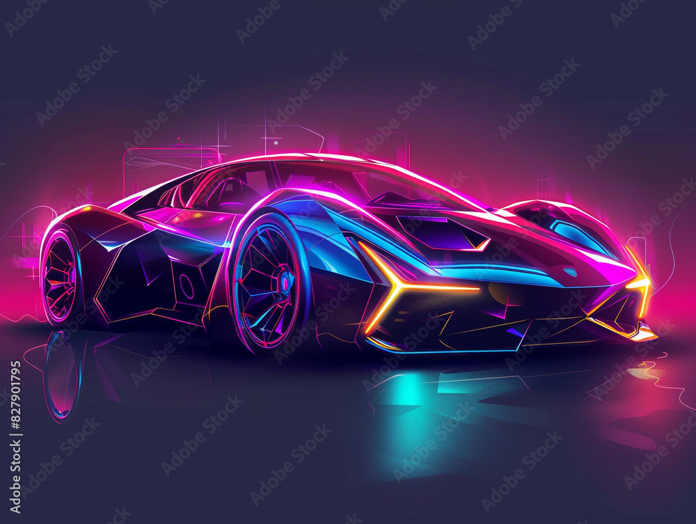 Futuristic modern wave synth wave car. modern sport car with neon backlight contours.
Futuristic modern wave synth wave car. modern sport car with neon backlight contours.