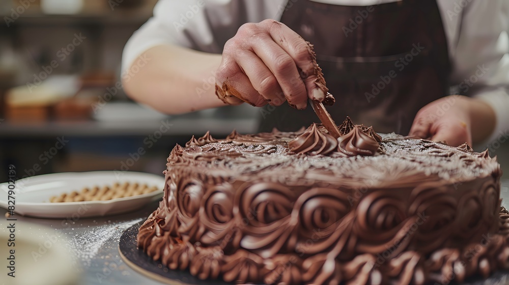 A baker meticulously decorating a chocolate cake with intricate designs, generative AI A baker meticulously decorating a chocolate cake with intricate designs, generative AI