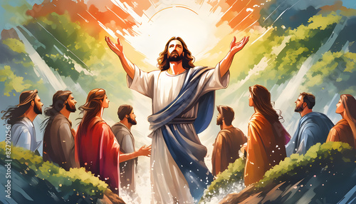 the resurrected Jesus appearing to his followers splashes. Digital illustration photo