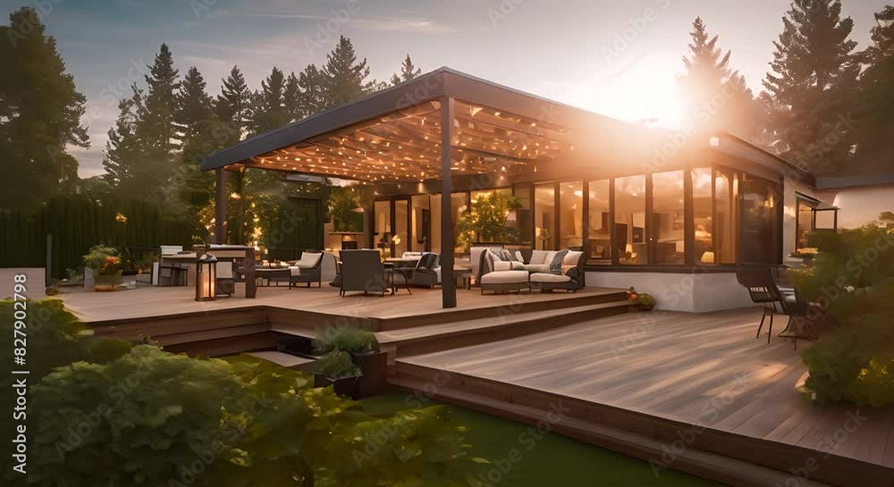 Back yard house exterior with spacious wooden deck with patio area and attached pergola Back yard house exterior with spacious wooden deck with patio area and attached pergola