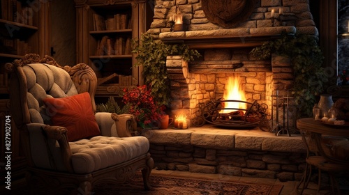 photo of a cozy corner with a fireplace and armchair © Magic Stock