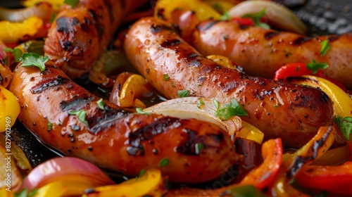 Grilled Polish sausage nestled with sauteed peppers and onions close up, home cooking, vibrant, Multilayer, stovetop backdrop