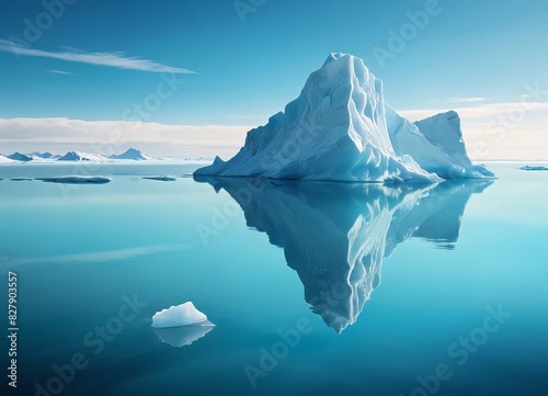 Arctic landscape  large breakaway iceberg floating on a calm sea with reflection in the water. clear blue sky. Background  wallpaper