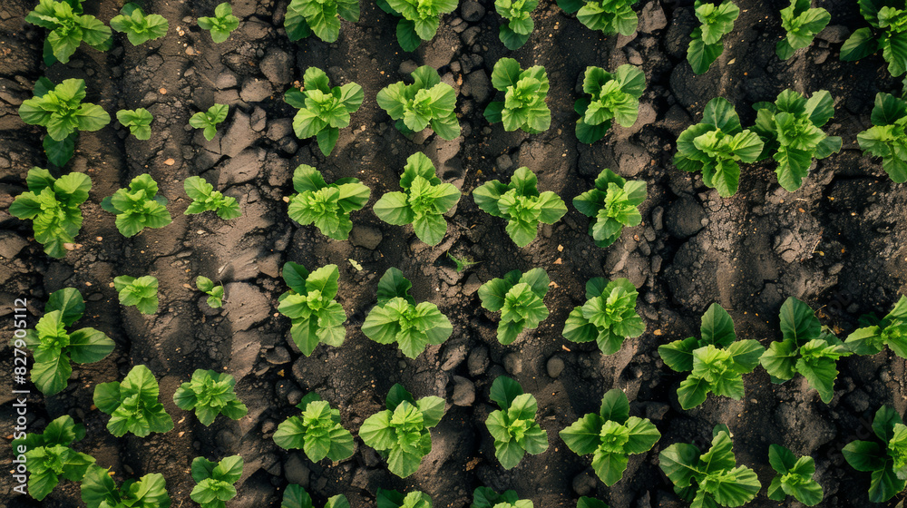Top down shot of rows of baby plants growing in a field Top down shot of rows of baby plants growing in a field