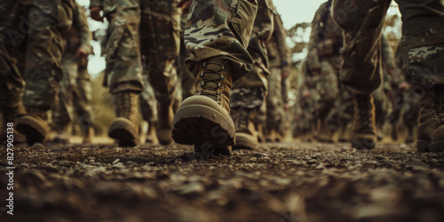 Soldiers' boots marching in the army, low angle shot through their moving steps photo