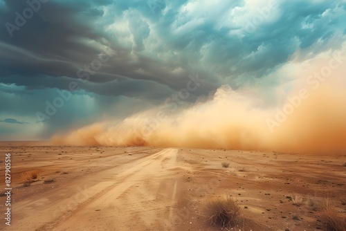 Dust storm across barren desert landscape. Natural disaster and drought concept. Global warming and climat change. Design for banner, poster. 