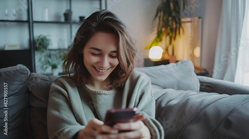 Happy beautiful woman checking social media holding smartphone sitting on a sofa at home. Smiling young woman using mobile phone app playing game, shopping online, ordering delivery